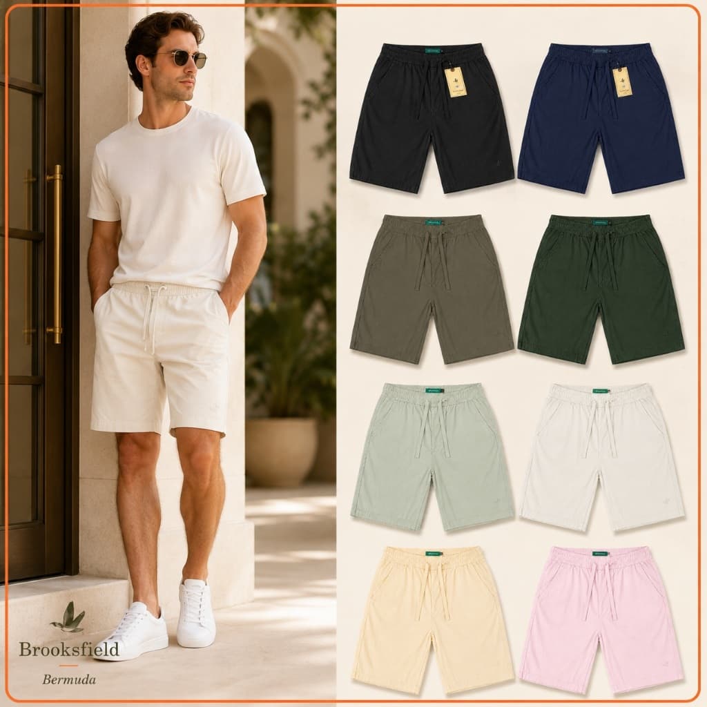 Short Masculino  Brooksfield Casual Premium com Elástico, Cordão, Bolsos e Bordado Tom Sobre Tom