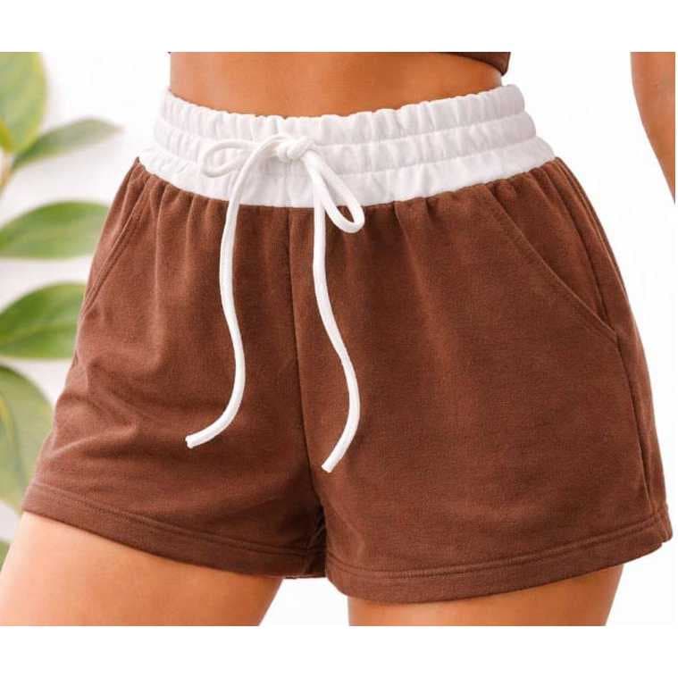 Short Feminino Bicolor Básico Moletinho Premium Cintura Alta Luxo Confortável Algodão Casual Verão