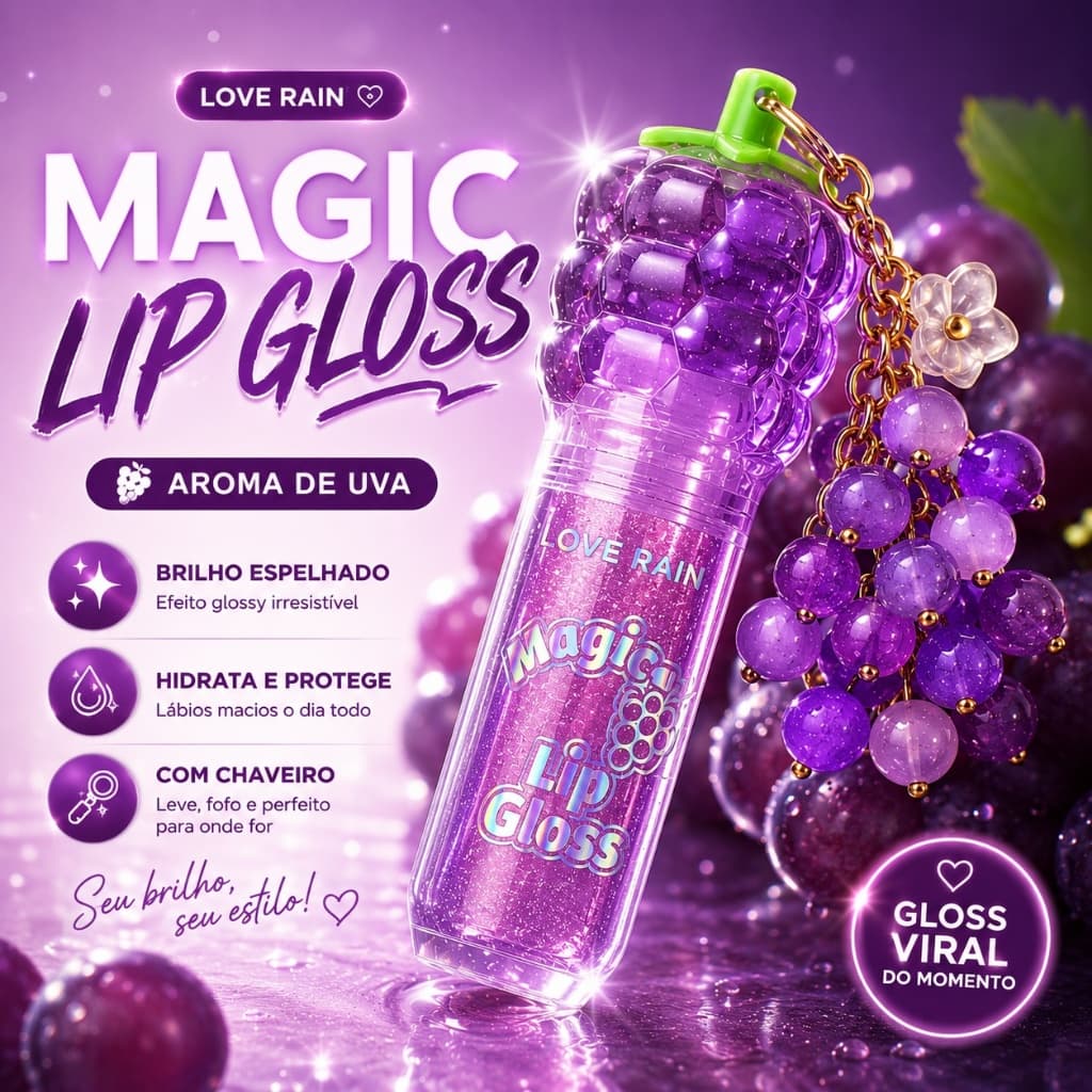 Gloss Labial Love Rain Magic Lip Gloss Chaveiro Uva | Brilho Espelhado Hidratante/ Brilho Espelhado