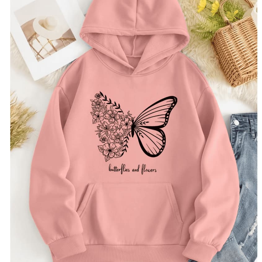 Blusa Moletom Canguru Feminino Borboleta Minimalista Estiloso Tendencia Bolso e Capuz Grosso Flor Tropical