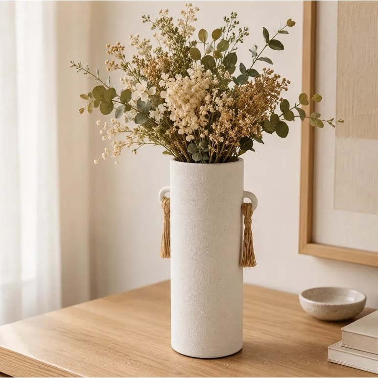 Vaso Decorativo Cilíndrico Tubo Cerâmica com Alça Tassel Fibra Natural 26cm