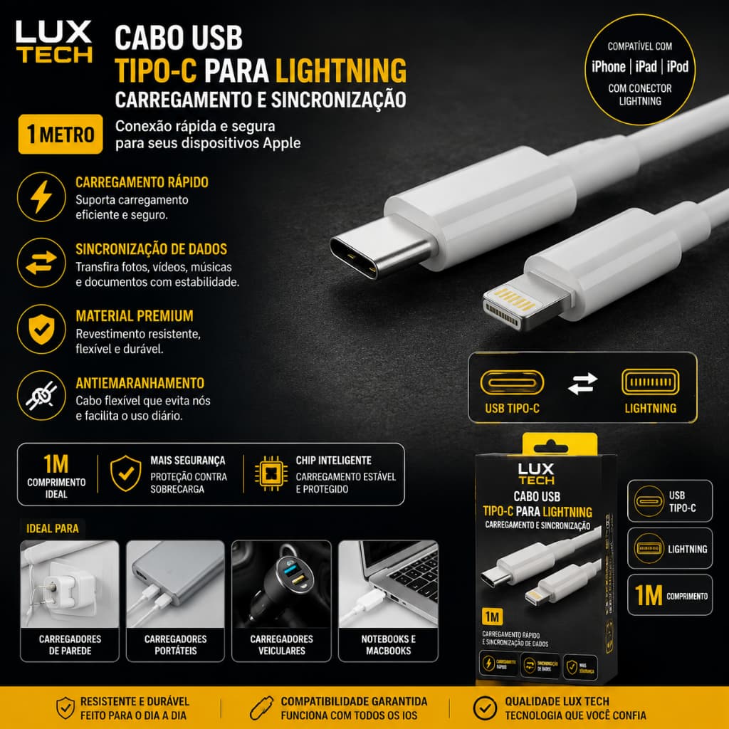 Cabo USB Tipo-C Lightning Celular Carregamento 1M