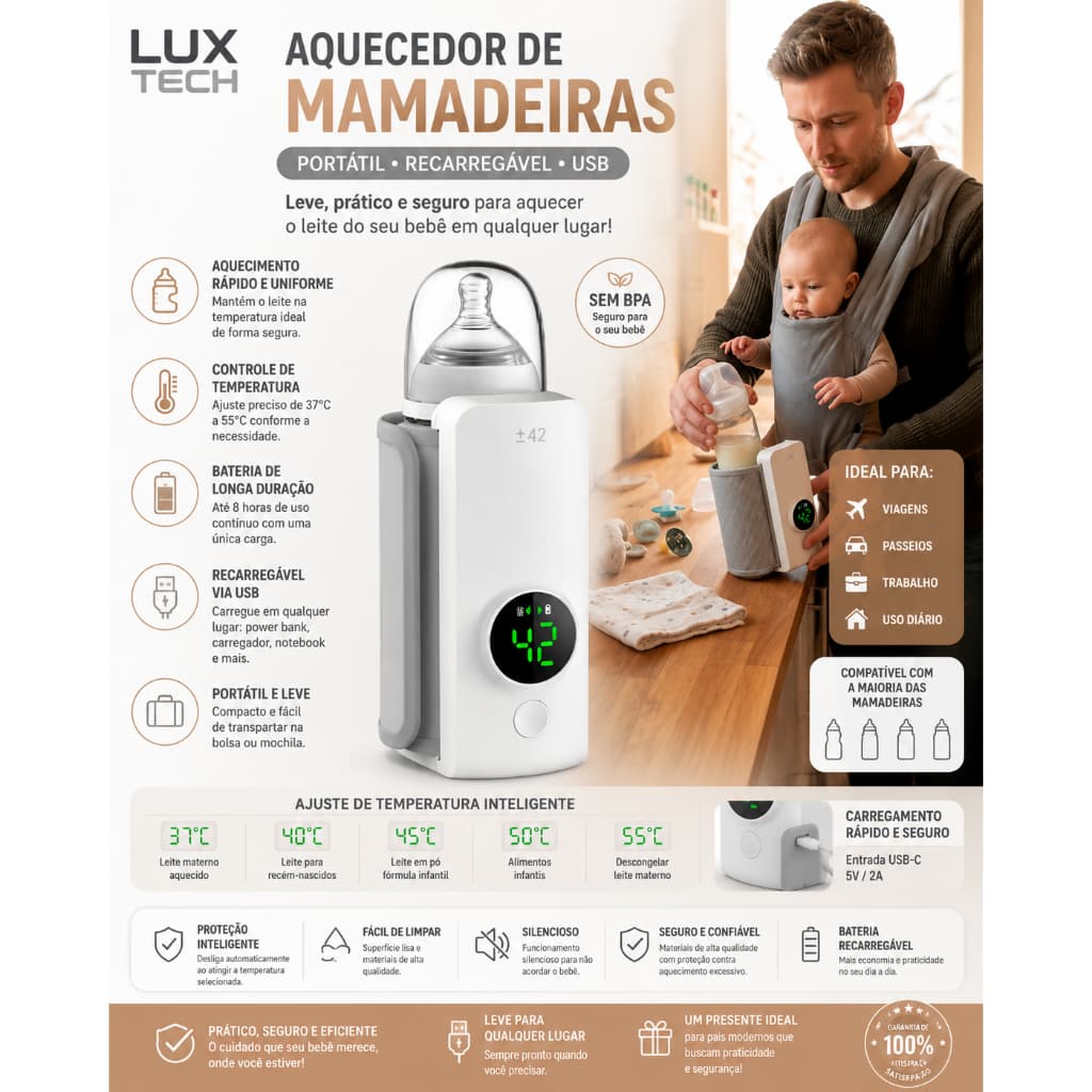 Aquecedor de Mamadeiras Portátil Recarregável USB Branco
