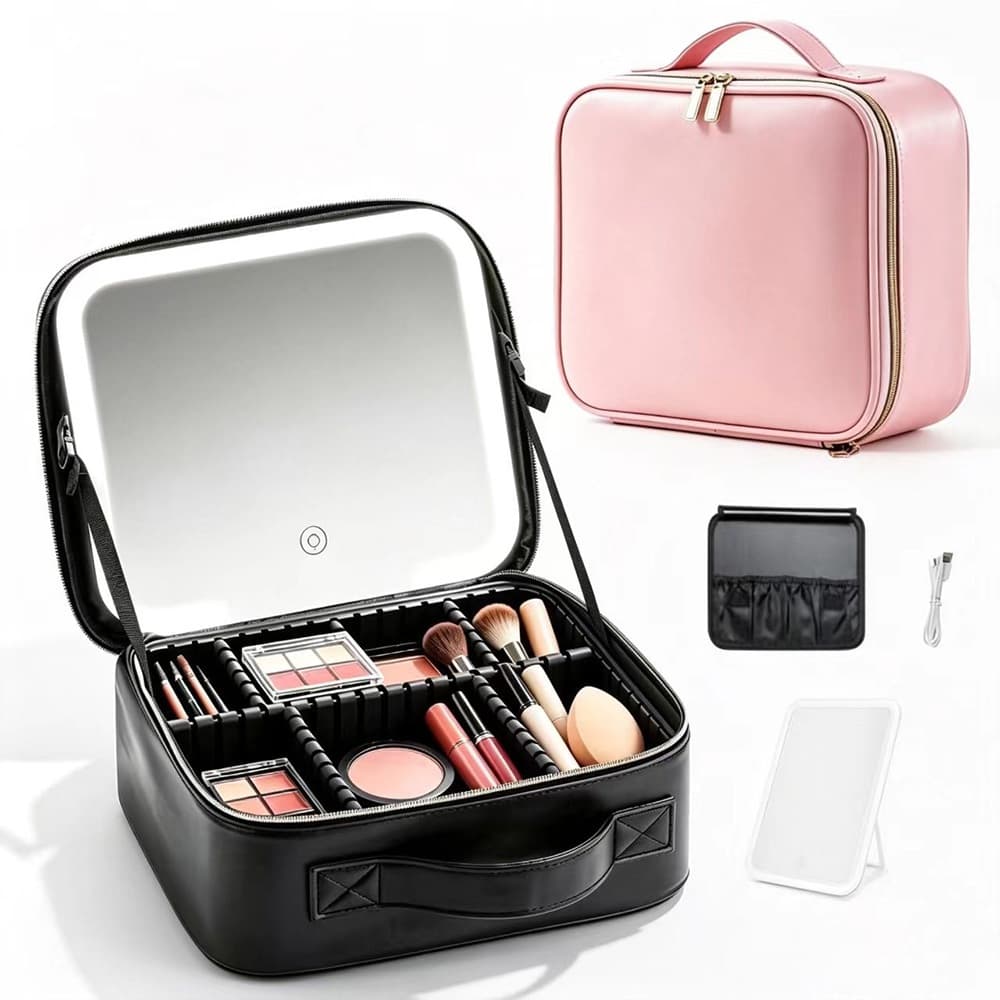 Kit Maleta Maquiagem com Espelho LED 3 Luzes Regulável Organizador Portátil Viagem Divisórias Ajustáveis Q10
