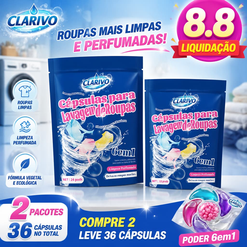 CLARIVO Combo Econômico 36 Cápsulas para Lavar Roupas Proteção das Fibras e Frescor Intenso
