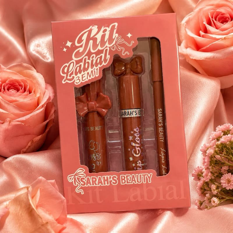 Kit Gloss Labial 3 em 1 Sarah’s Beauty 1 gloss com brilho+ 1 gloss sem blilho+ 1 lapis de contorno labial.