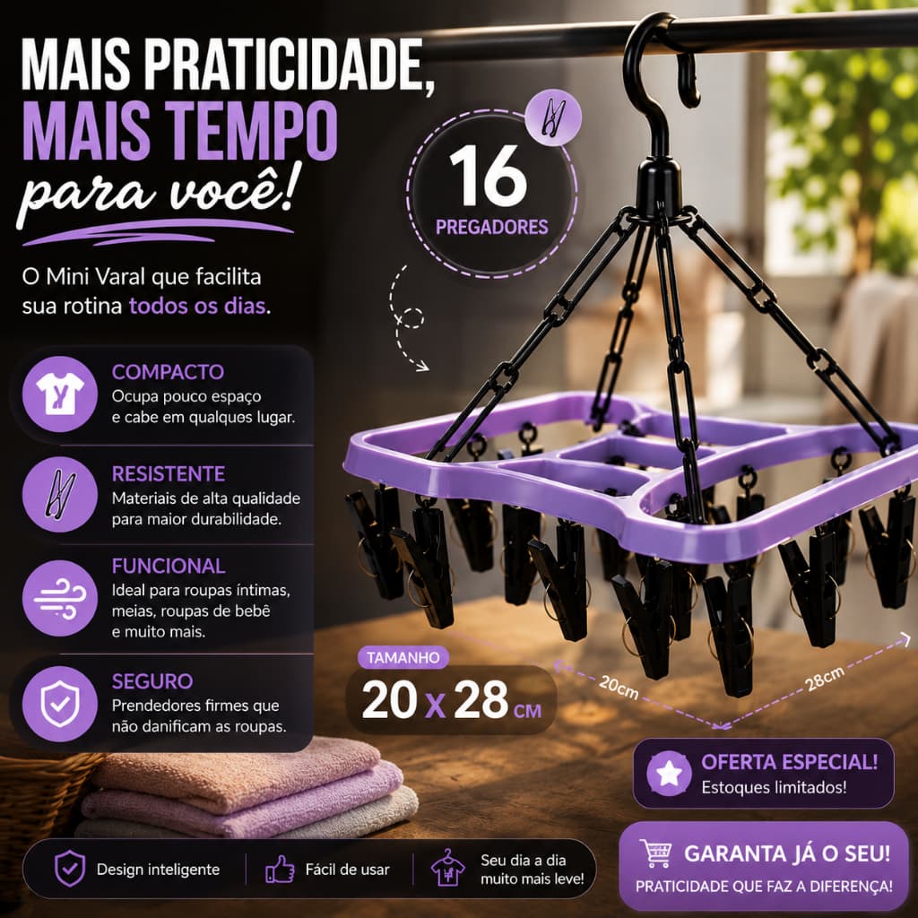 Varal de Roupa Intima com 16 Pregadores Resistente Alta Qualidade Compacto e Funcional Para Apartamento