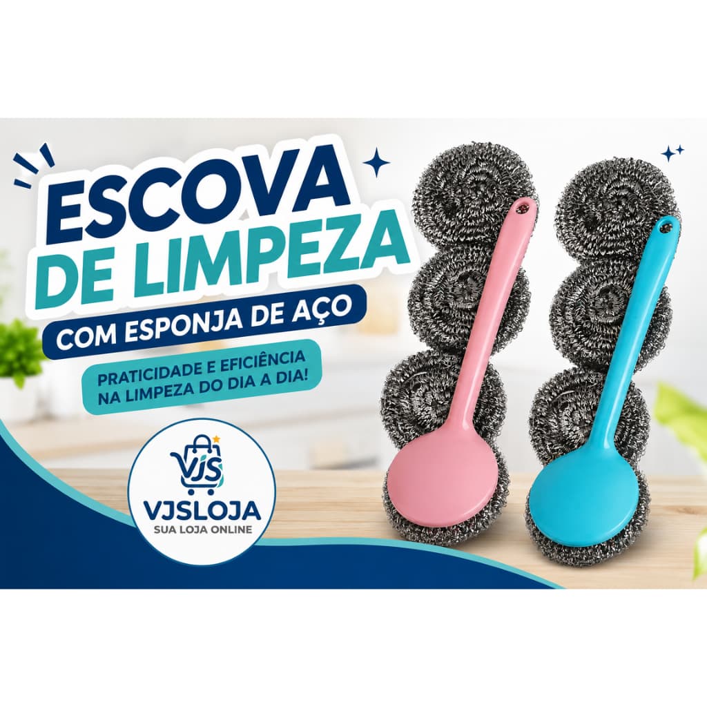 Escova de Limpeza com Esponja de Aço – Kit com 4 Esponjas + 1 Cabo