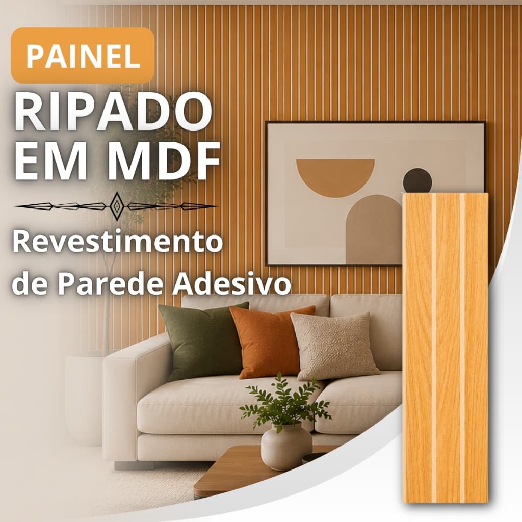Kit Até 40 Placas Painel Ripado de MDF Adesivo de Parede Decoração de Sala Quarto Banheiro - 45x11cm
