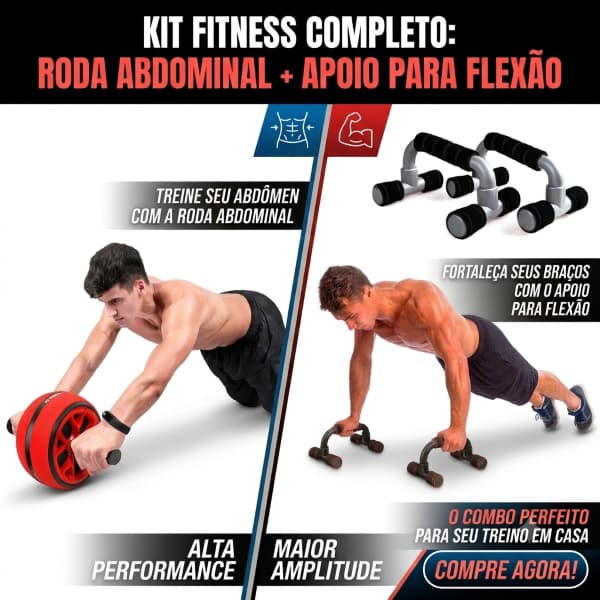 Roda Para Abdominal Pegadores Ergonômicos e Apoios Flexão de Braço Treino Completo em Casa - Sortida