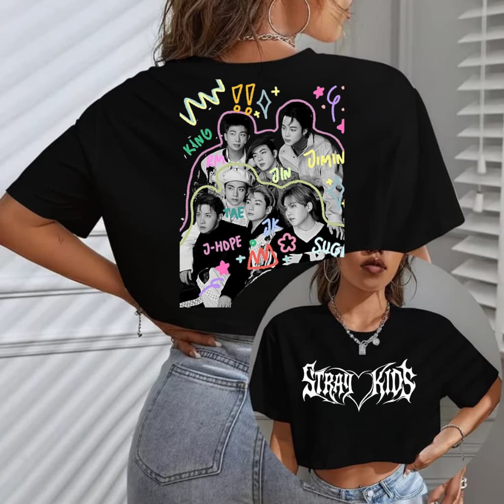 Camiseta Stray Kids Unissex Kpop SKZ BTS 100% Algodão Estampa Frente e Costas