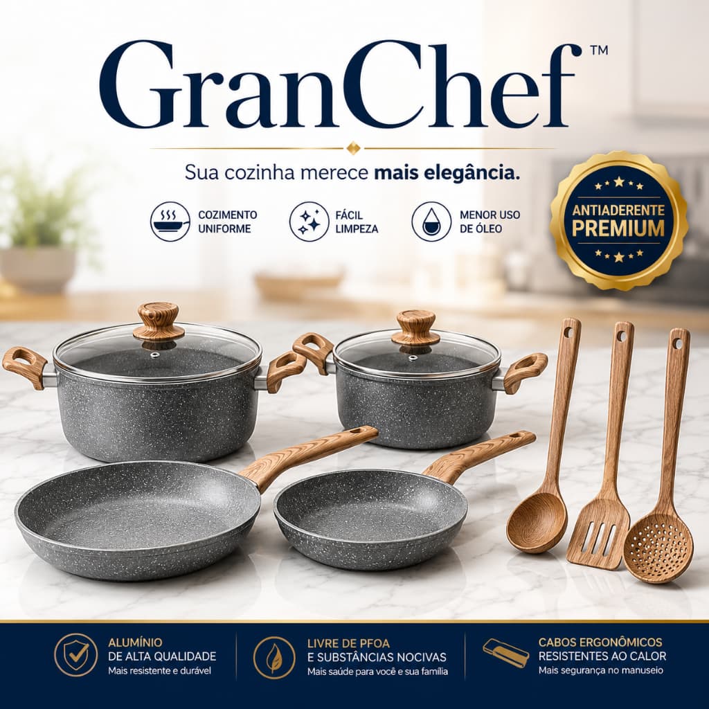 Kit Panelas Antiaderentes GranChef™ 4 Peças com 3 Utensílios Alumínio Revestimento Antiaderente Cinza