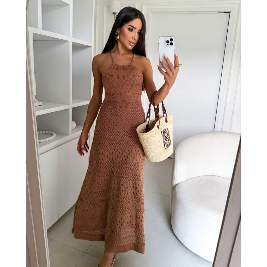 Vestido Longo Feminino Alça Croche Trico Tricot Modal Sereia Lançamento Verão Decote