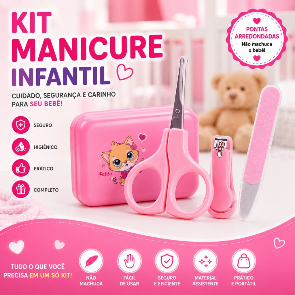 Kit Manicure Infantil Petita | Tesoura + Cortador + Lixa | Rosa e Azul