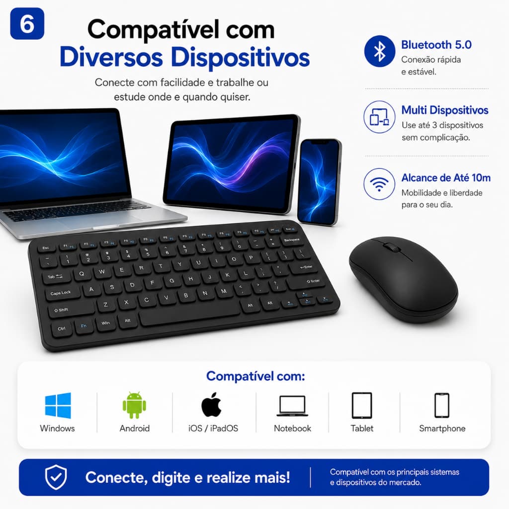 kit Teclado + Mouse Sem Fio Bluetooth - Computador,  Notebook e Tablet e celular - cor Preto