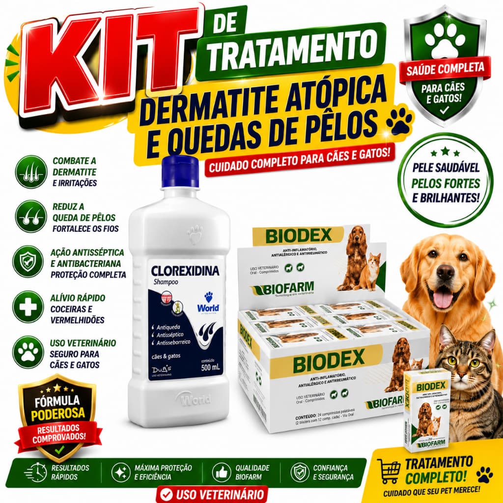 Kit de Tratamento Dermatite Atópica e Quedas de Pêlos Shampoo Clorexidina World 500ml + Biodex 20 Comprimidos