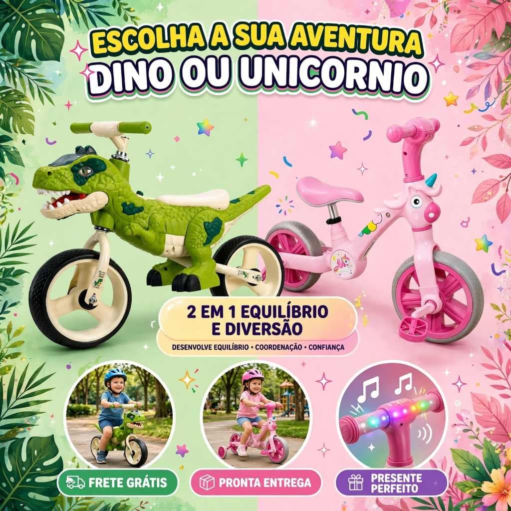 Bicicleta Infantil Unicórnio Dinossauro Balance Bike Aro 12 com Rodinhas Pedais Luzes Sons Brinquedo Menina Menino