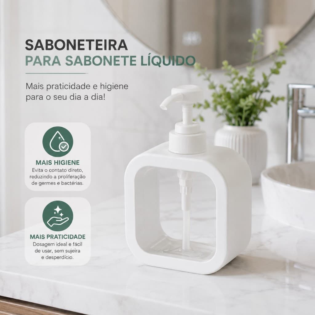 Dispenser Porta Sabonete Líquido 300ml  para Banheiro Cozinha Detergente Multiuso Branco Premium