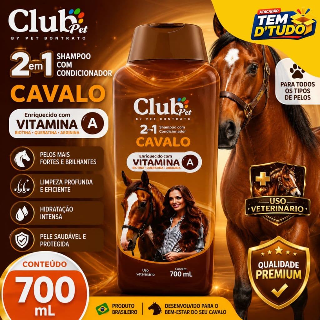 Shampoo de Cavalos 2x1 Club Pet Vitamina A Biotina Queratina Arginina Condicionador Horse