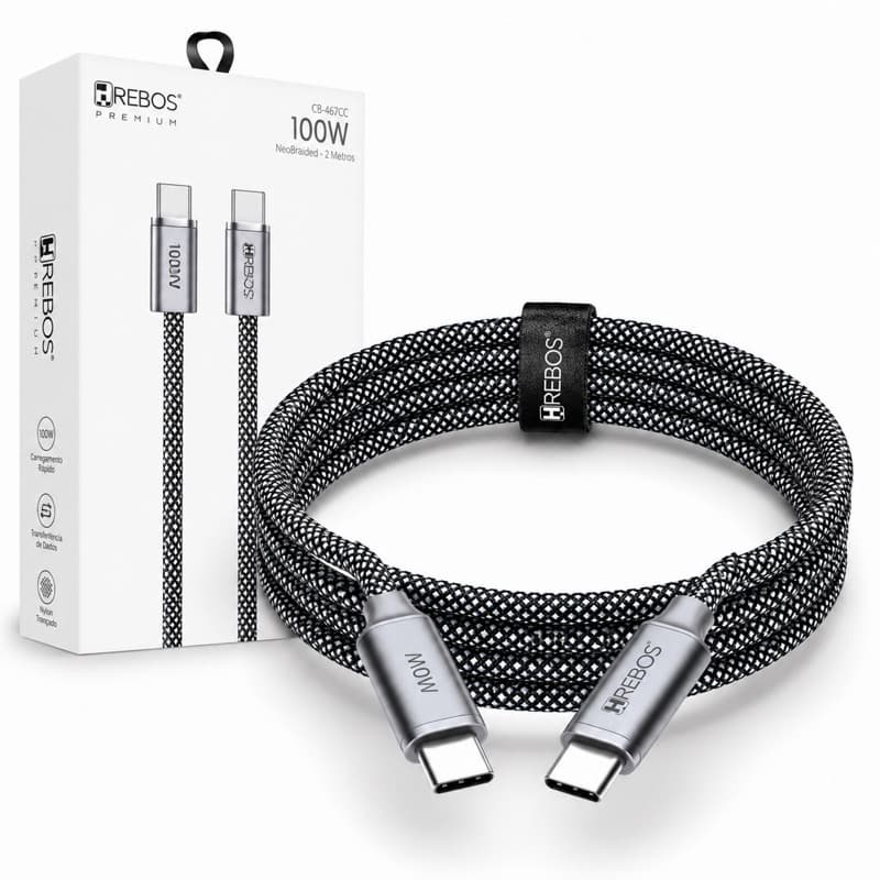 Cabo Tipo C  tipo C 100W 2 Metros Carregamento Rápido PD Fast Charge Nylon Trançado Hrebos Compatível Samsung iphone