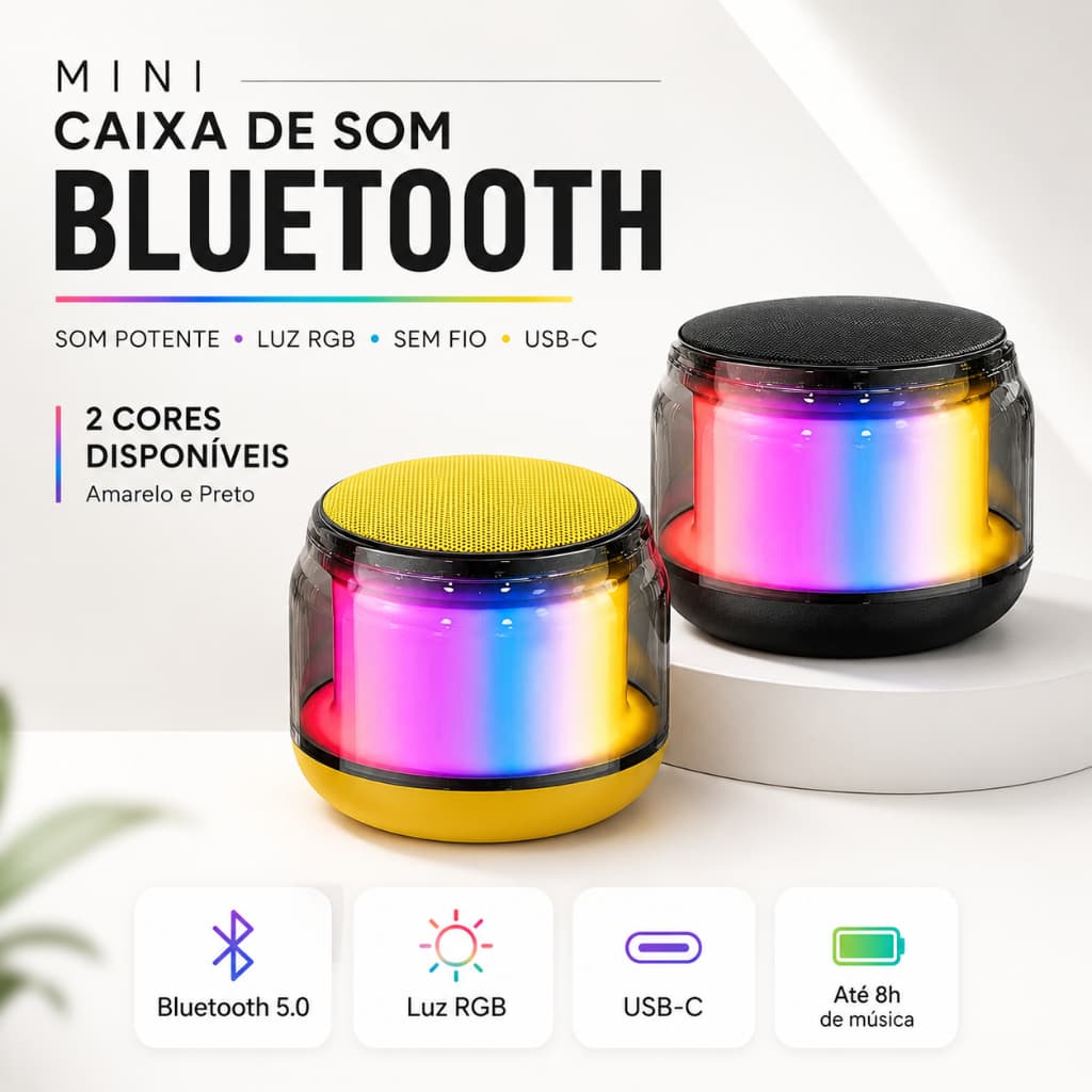 Caixa de Som Bluetooth RGB 5W Portátil com Luz LED Colorida, Som Estéreo, TWS Sem Fio USB-C para Festa e Casa