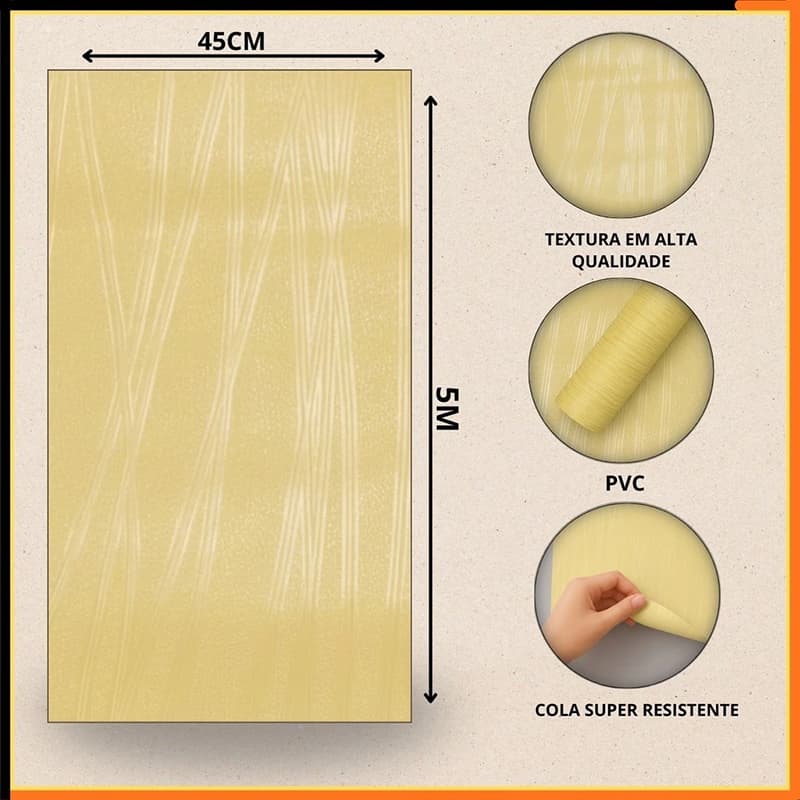 Papel de Parede Adesivo Linho Amarelo Claro 45cm x 5m Vinil PVC Impermeável para Parede e Móveis