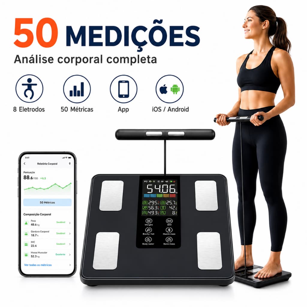 Balança Inteligente de Bioimpedância com Handle 8 Sensores, 13 Medições Corporais, Bluetooth e Aplicativo