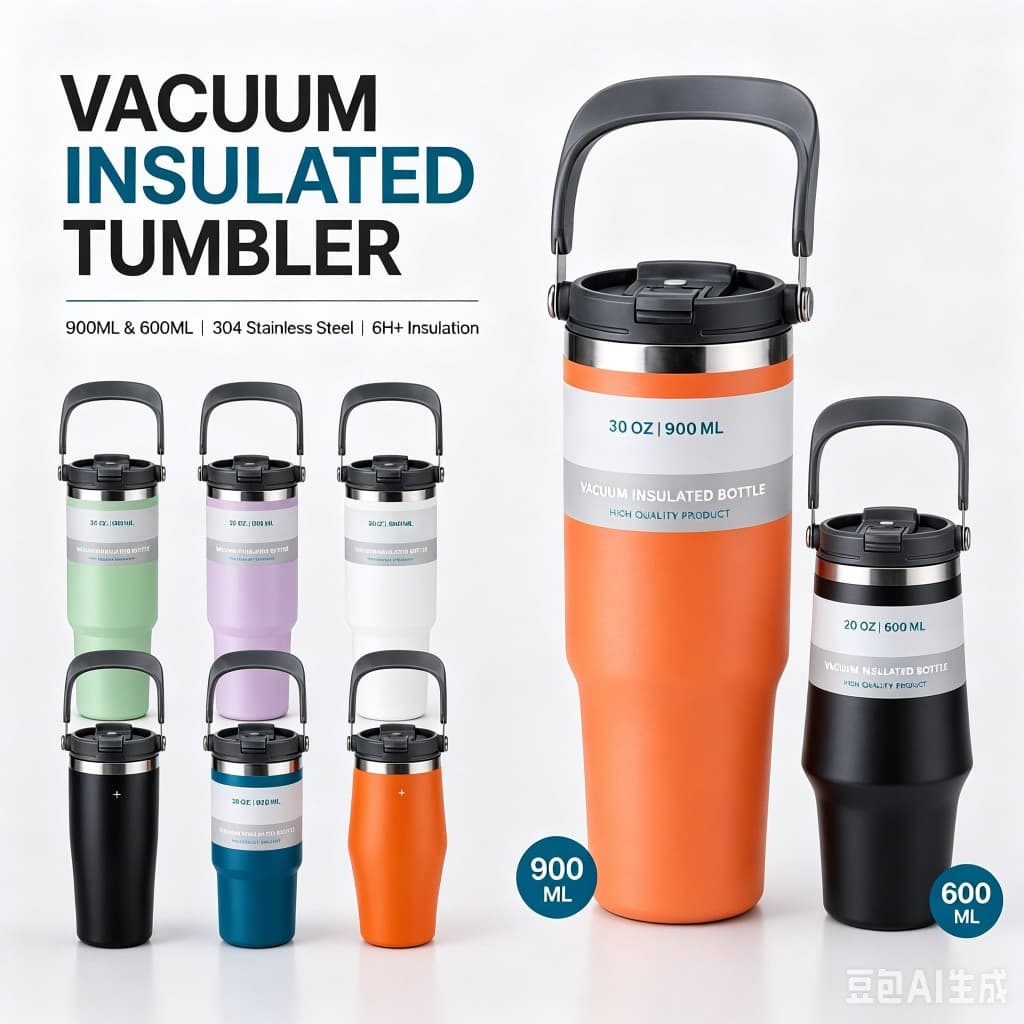 Caneca Térmica Inox 900ml/600ml com Alça e Canudo – Vácuo Quente/Frio，copo térmico grande，Adequado para o dia a dia.