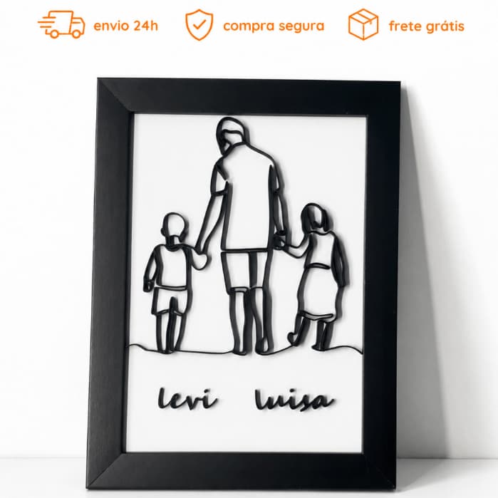 Kit 3 Quadros personalizado presente dia dos pais com filhos e filhas efeito 3D rabisco minimalista moderno