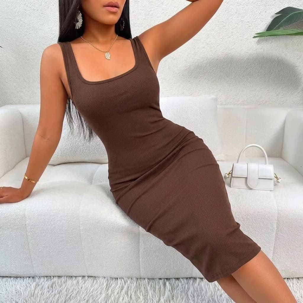 Vestido Feminino Midi em Ribana de Algodão com Alça de Alcinha Casual Elegante