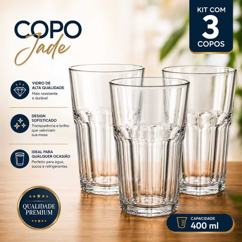 Kit Com 3 Copos 400 Ml De Vidro Grosso Resistente Para Cozinha Modernos Jogo Copos De Vidro