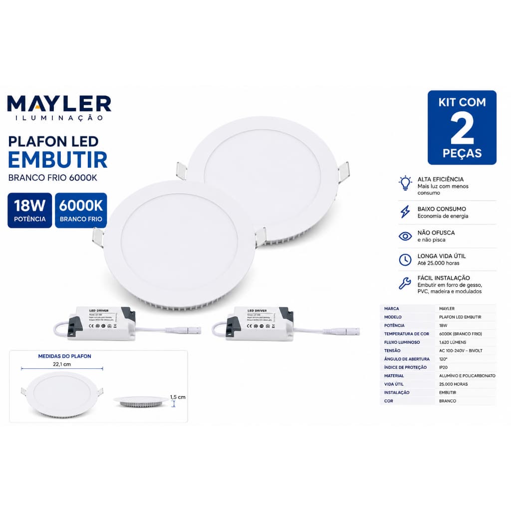 Kit 2 Plafon Branco de Embutir Branco Frio Econômica 18W Mayler