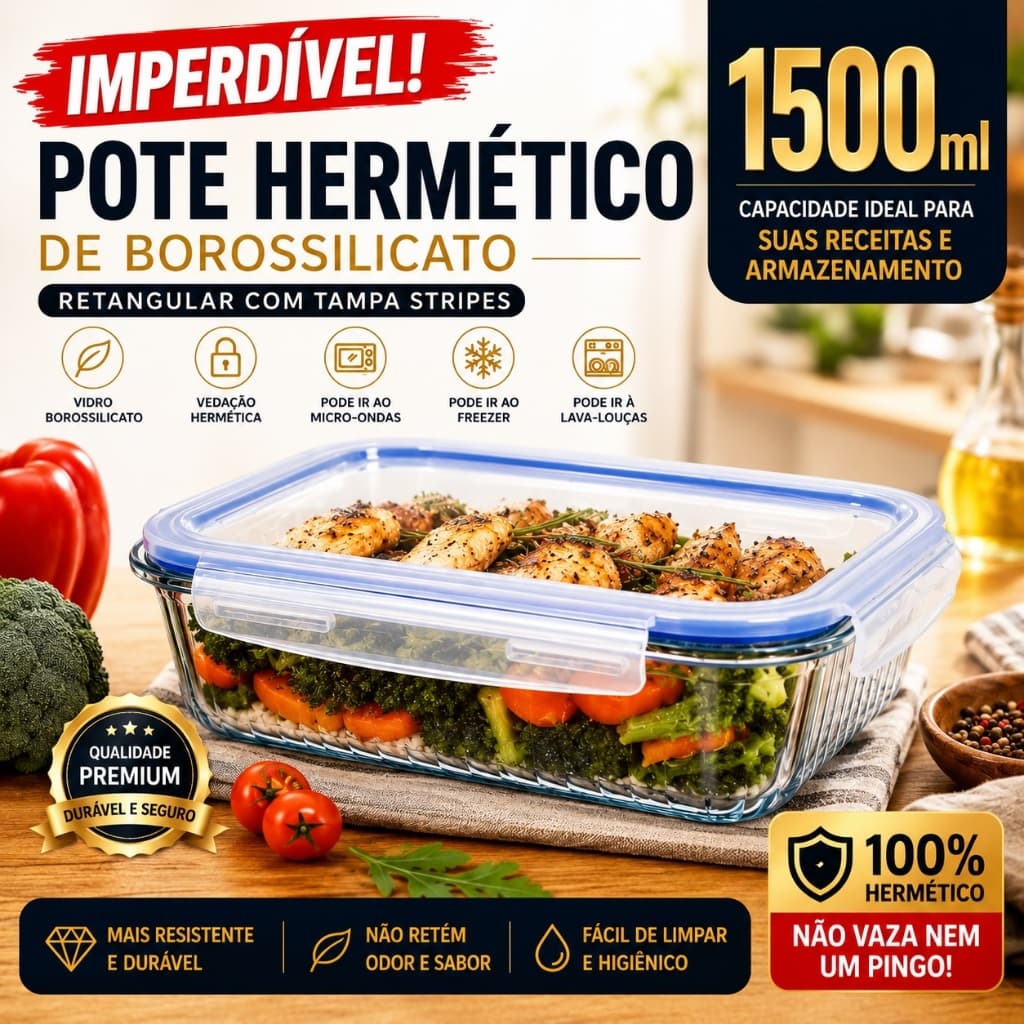 Pote Hermético Vidro Borossilicato 1500ml Tampa com Vedação para Alimentos Organizador