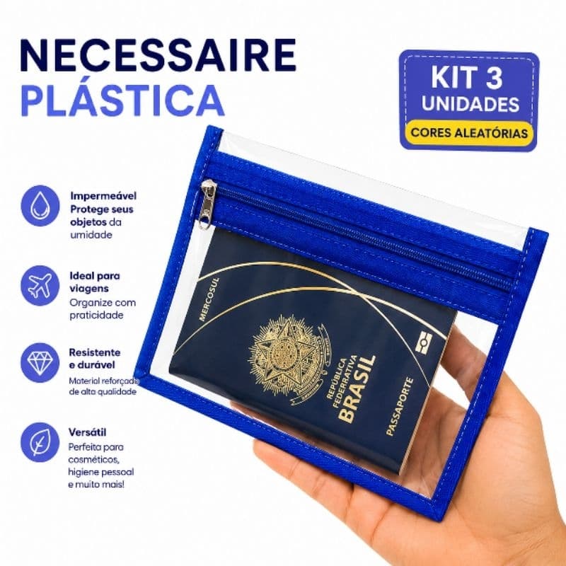 Kit 3 nécessaires plásticas CORES ALEATÓRIAS 2 bolsinhos/Porta passaporte.