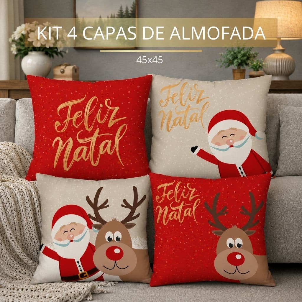 NATAL! Kit com 4 Capas para Almofadas Decorativas Natal Papai Noel 45x45 cm