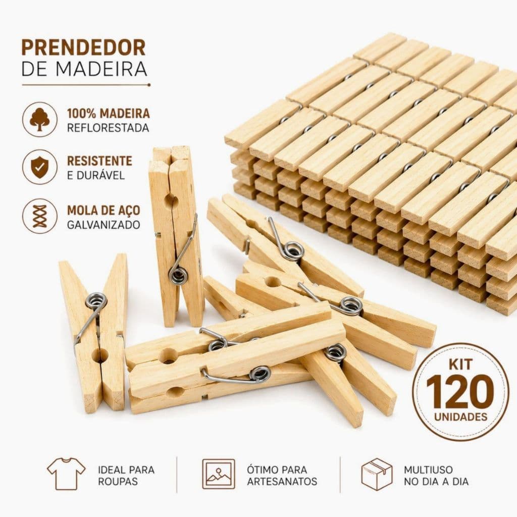 Kit Prendedores de Madeira tamanho G 12/48/72 Unidades para Varal Roupas com Mola de Aço Galvanizado
