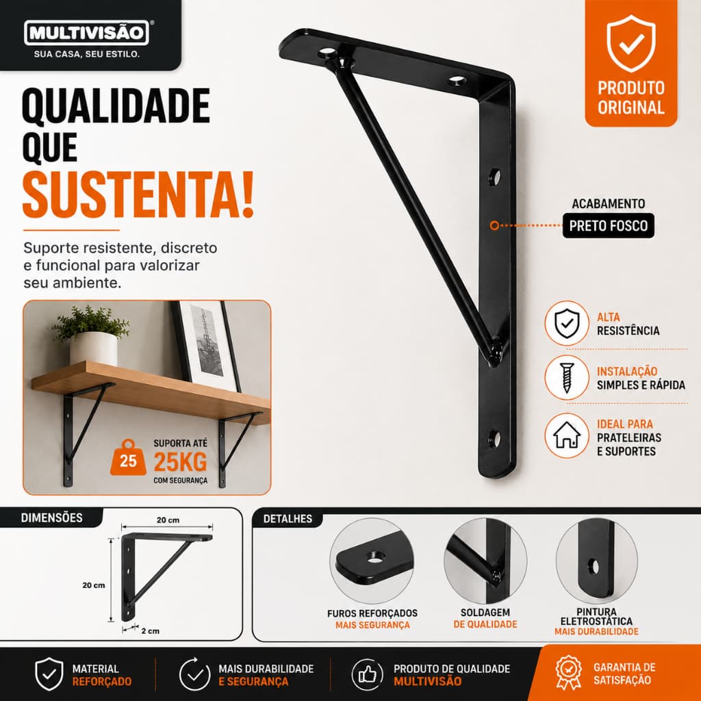 Suporte Mão Francesa para Prateleira Multivisão Aço Reforçado Preto ou Branco 18x10cm e 28x15cm