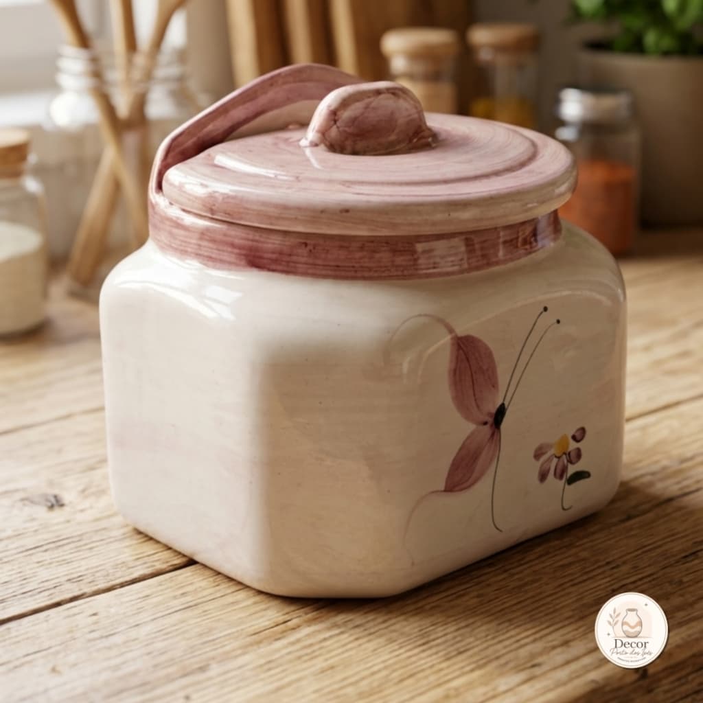 Saleiro Grande de Cerâmica com Tampa Capacidade 1kg | Rosa Borboleta | Porta Sal de Bancada | Cerâmica Artesanal