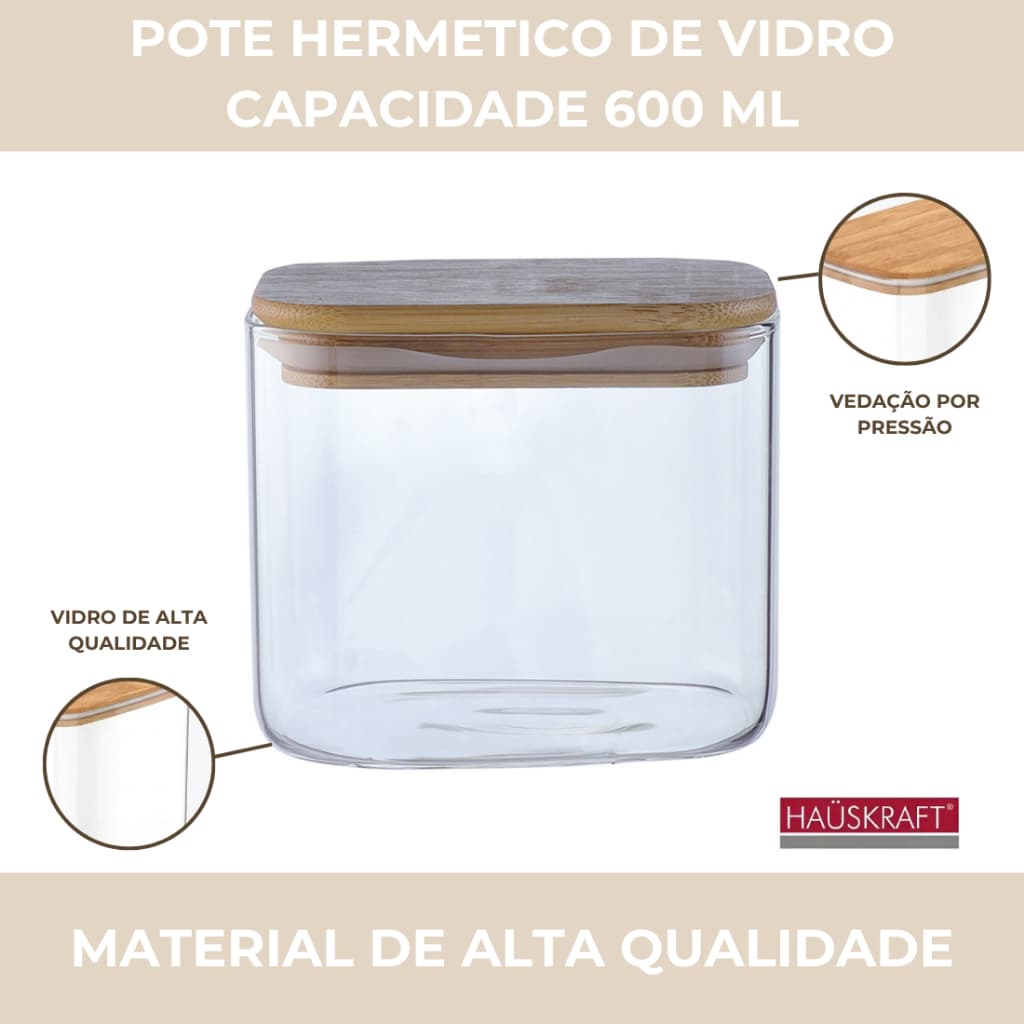 Pote Hermético 600ml Vidro Borossilicato com Tampa de Bambu Hauskraft Liege