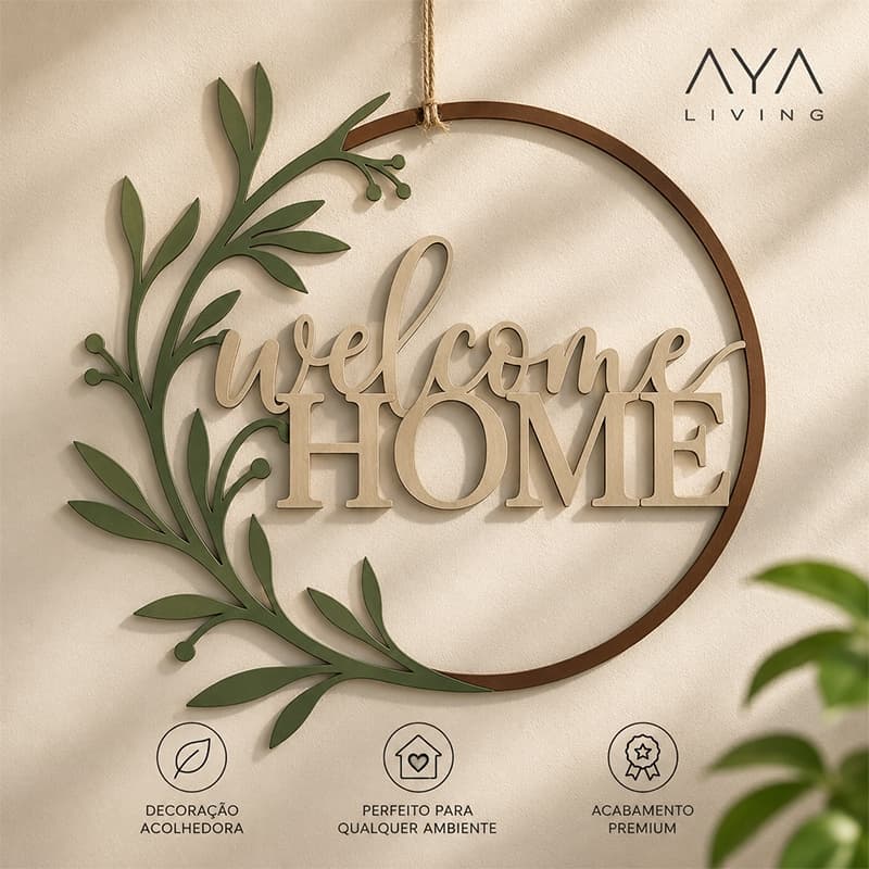 Placa Decorativa Welcome Home com Folhagem | Decoração de Parede Minimalista