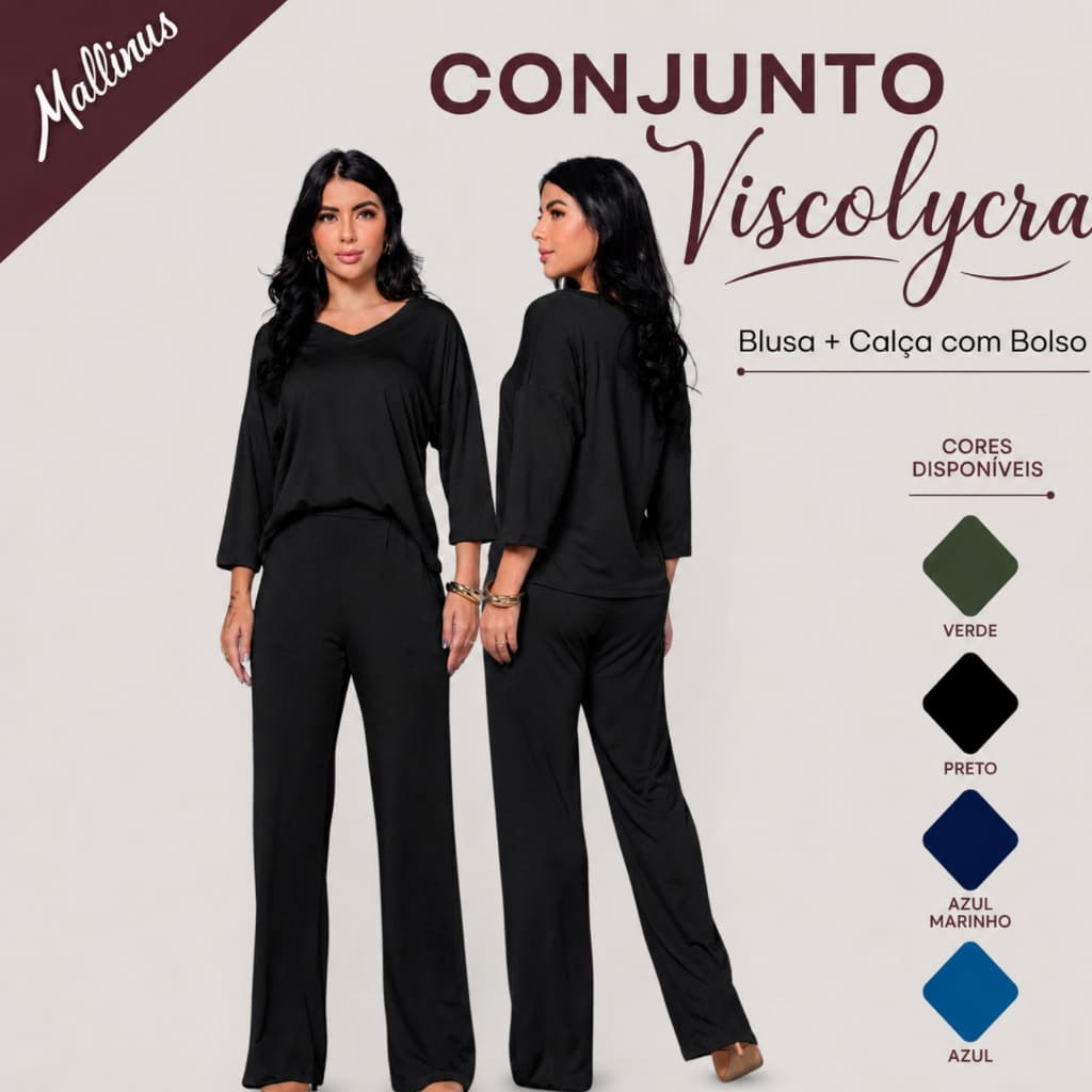 Conjunto Feminino Viscolycra Blusa Manga 3/4 e Calça Longa com Bolsos M ao GG