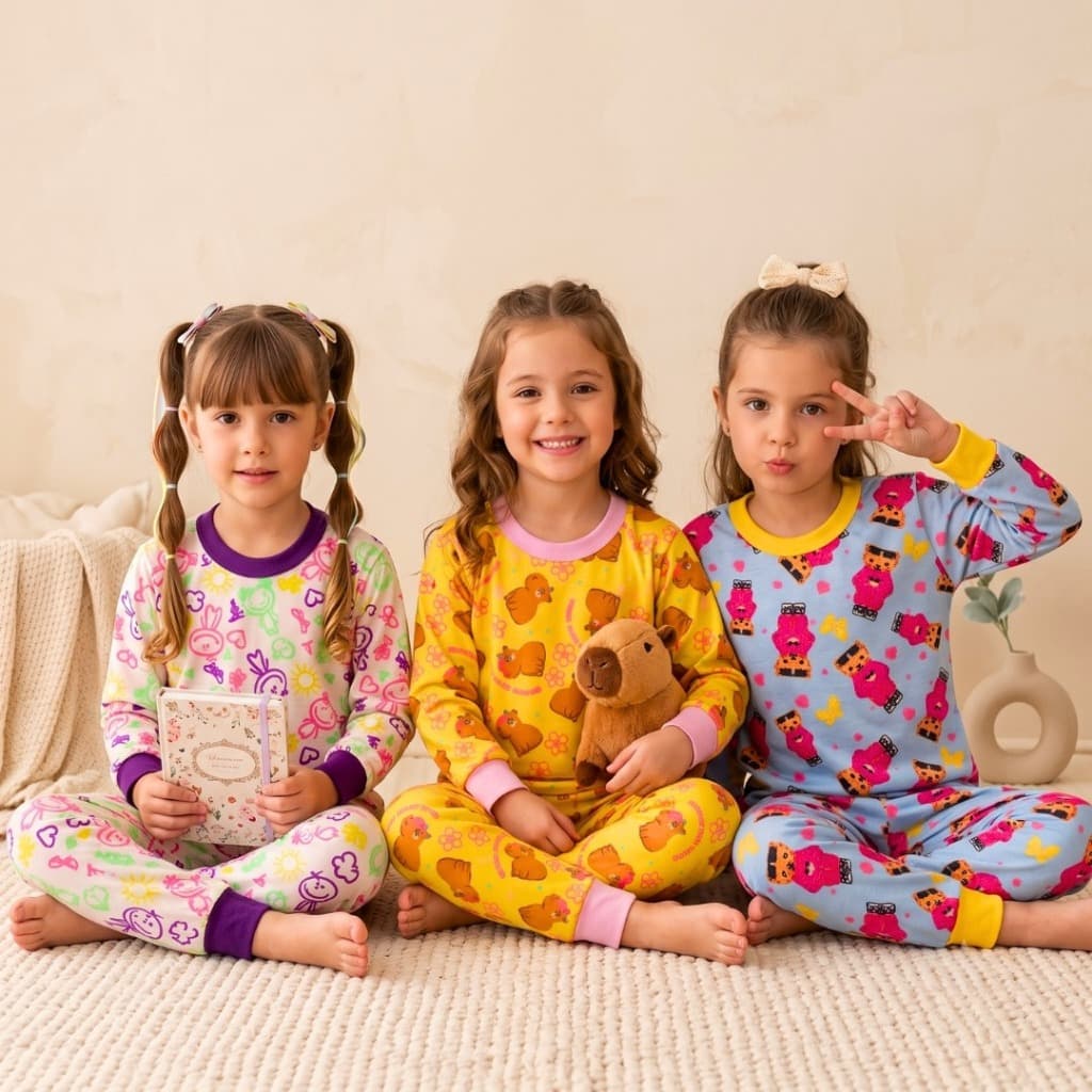 Kit 3 Pijama Feminino Infantil Inverno Menina Algodão e com Punho na Manga e na Calça Estampado 1 ao 16 anos