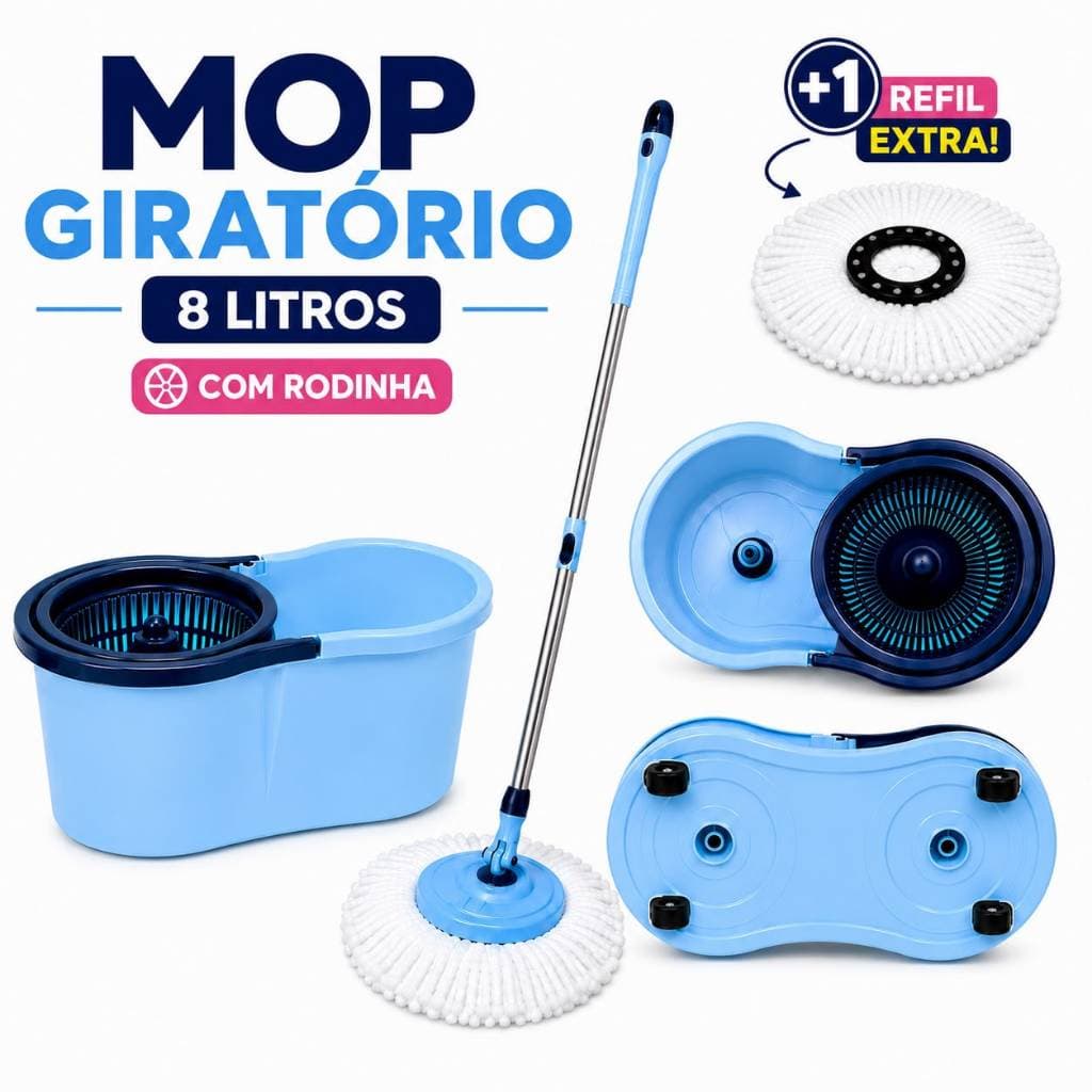 Mop Giratório Com Rodinha Balde 8 LITROS Centrifuga 360º Cesto Plastico Esfregão Microfibra