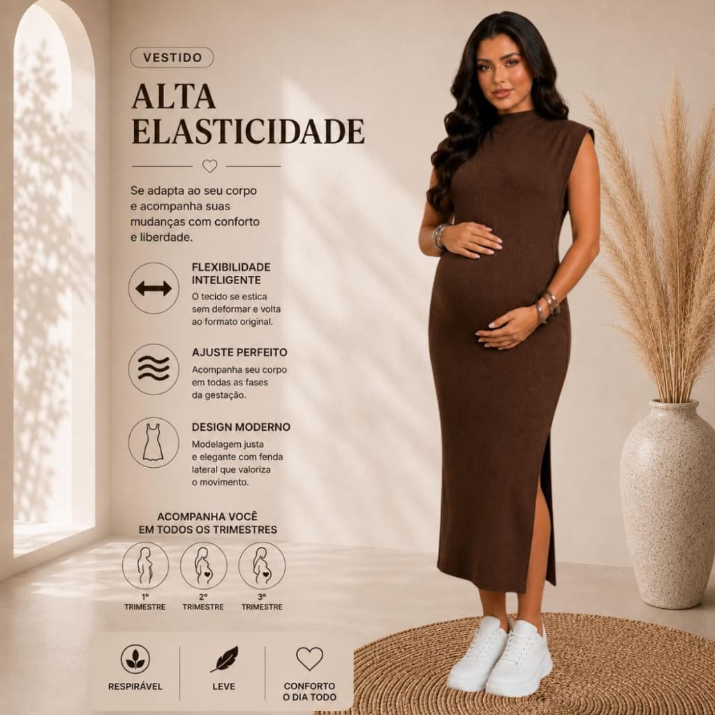 Vestido Casual Materno Gestante Gravidez de Sem Manga Ribana de Algodão Alta Elasticidade Confortavel e Fenda Lateral