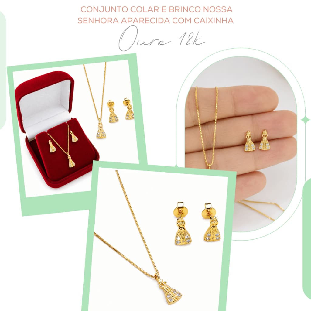 Conjunto Colar e Brinco Nossa Senhora Aparecida Antialérgico Banho Ouro 18k + Caixinha Presente
