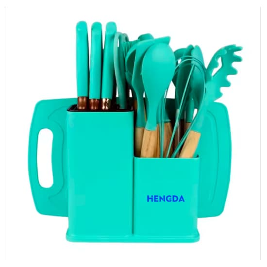 Kit de Utensílios para Cozinha Hengda YQ10413 de Silicone com Cabo de Madeira   18 Peças   Verde Escuro