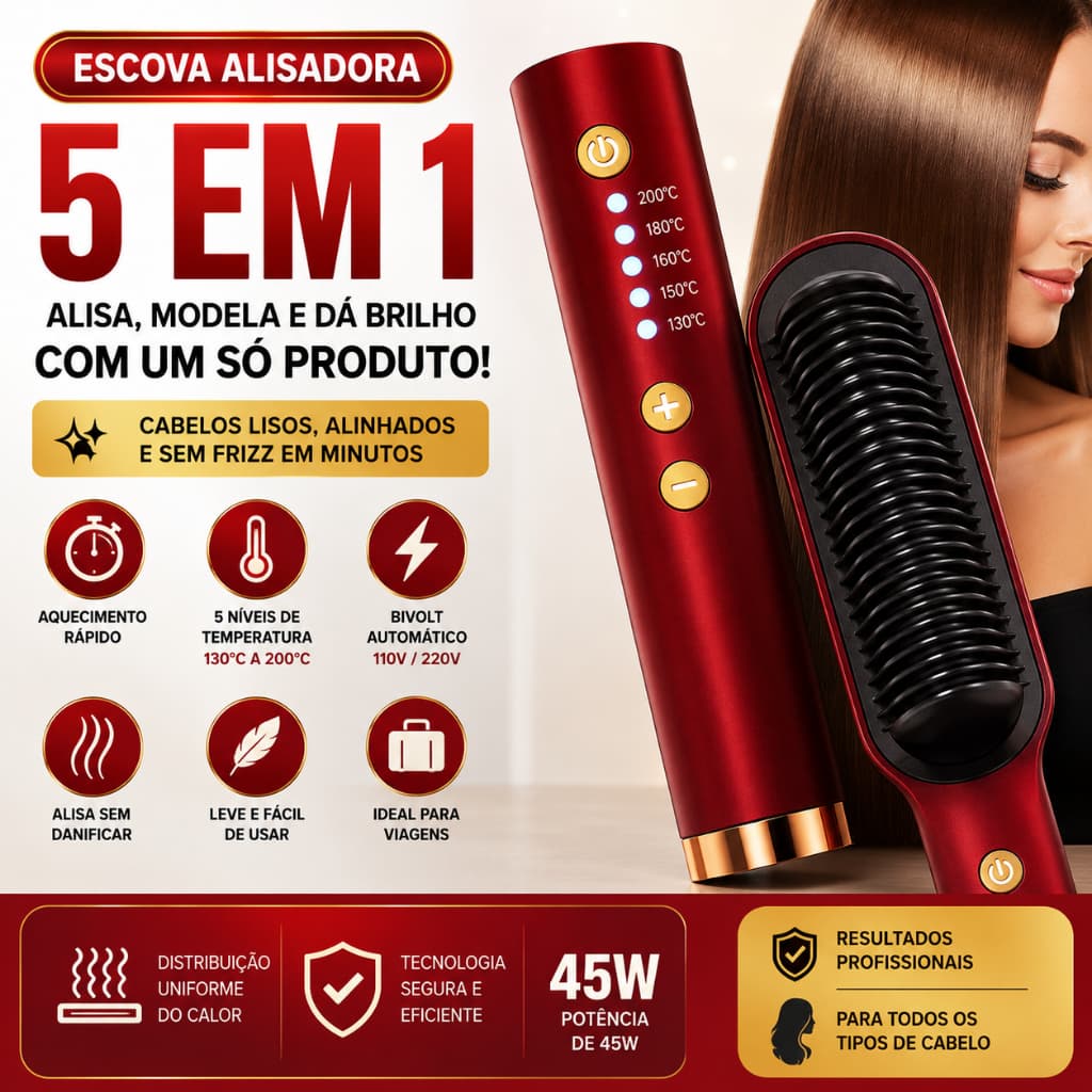 Escova Alisadora Elétrica Bivolt 5 em 1 Temperatura Ajustável 130°C a 200°C Vermelha