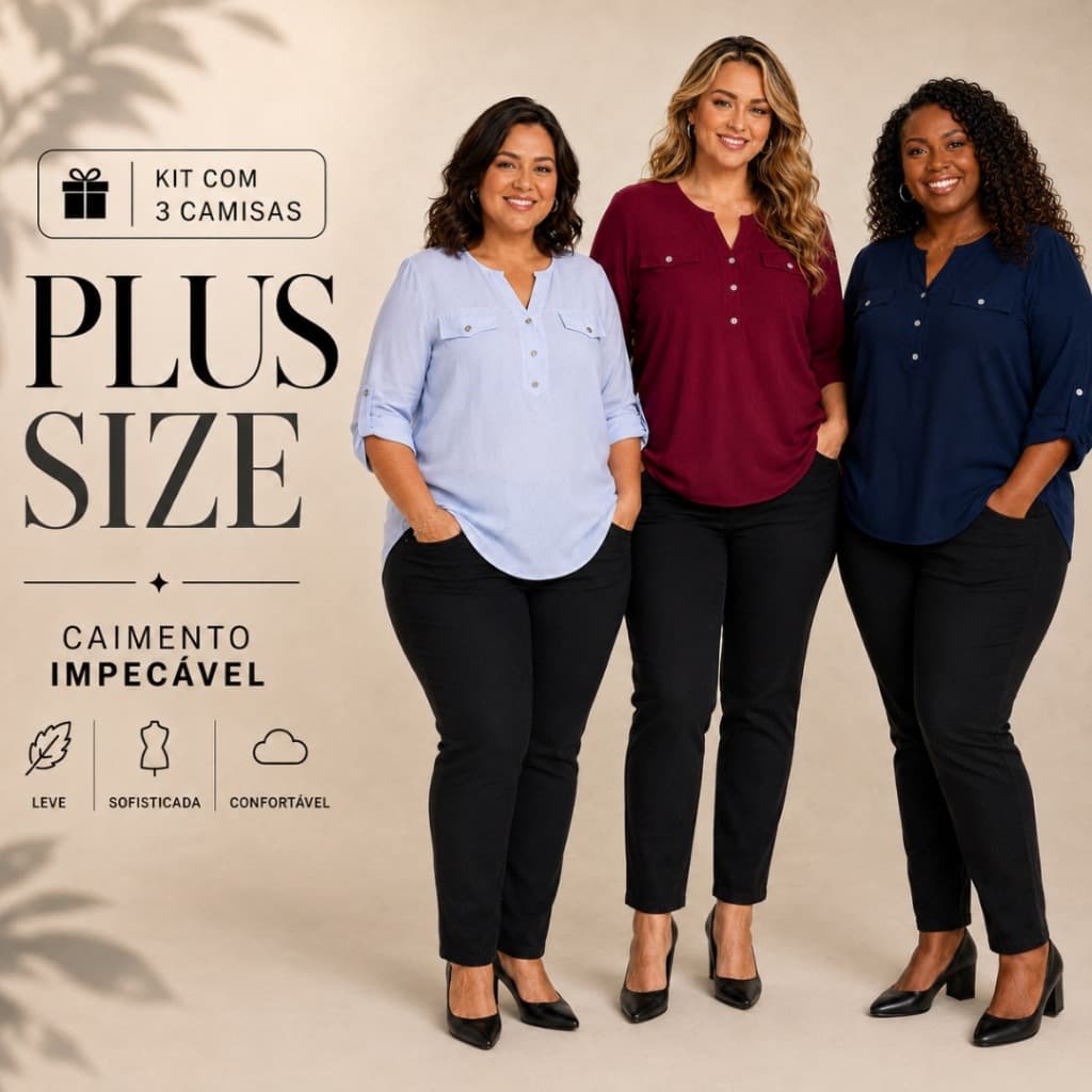 Kit 3 Camisas Feminina Social Plus Size Elegante Lisa Confortável Manga 3/4 Soltinha