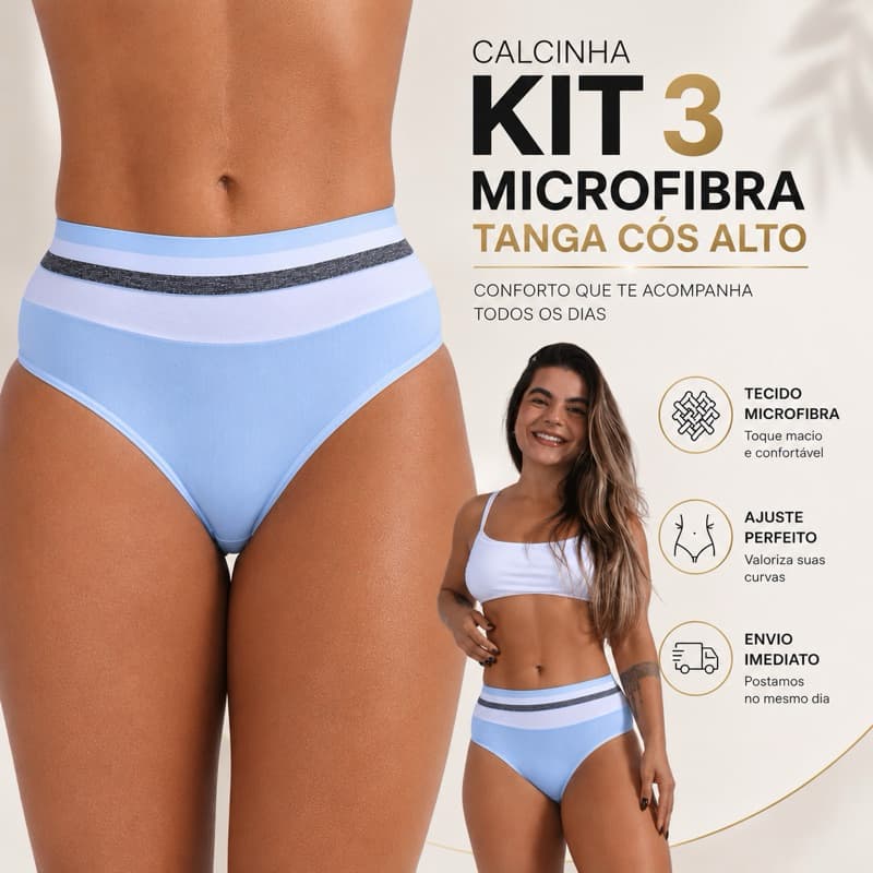 Kit 3 Calcinhas Conforto Cintura Alta Elástico Confortável Efeito Segura Barriga