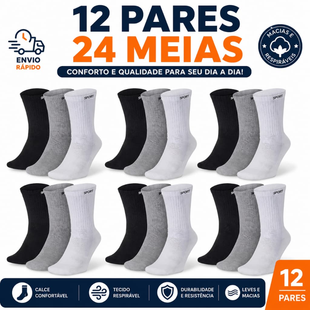 Kit até 24 Pares Meias Masculina Sport Algodão Cano Alto Longo